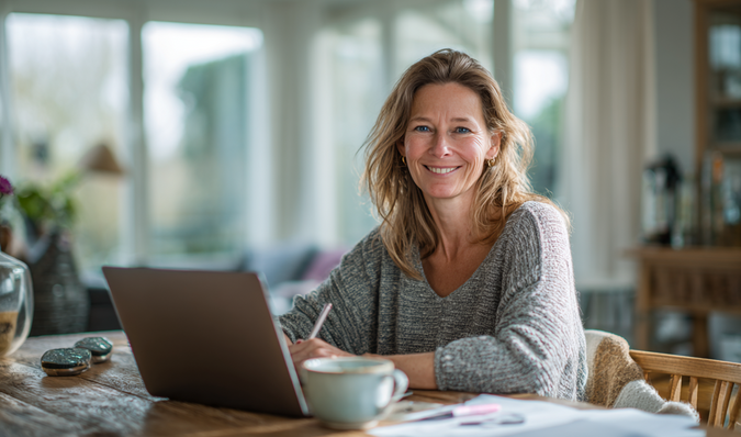 Blonde vrouw achter laptop