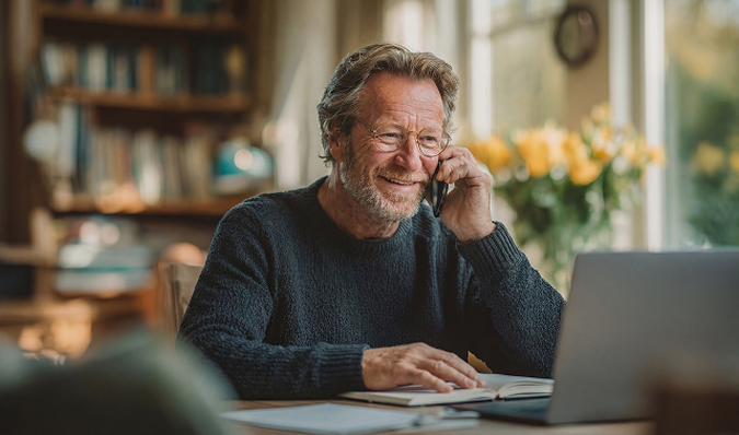 Bellende man kijkt op zijn laptop