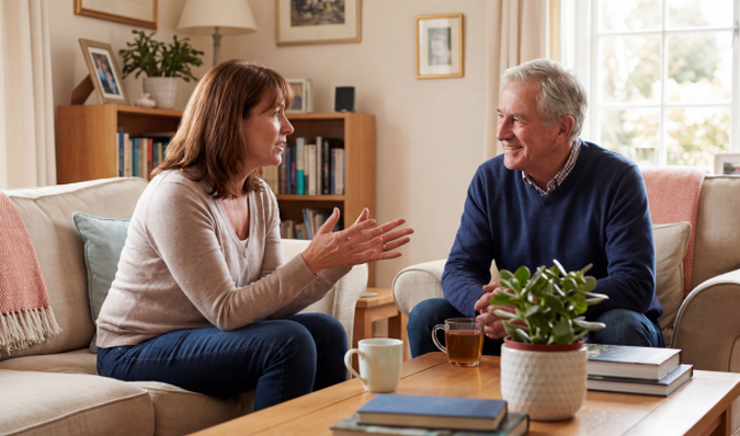 Twee personen in gesprek in een huiskamer
